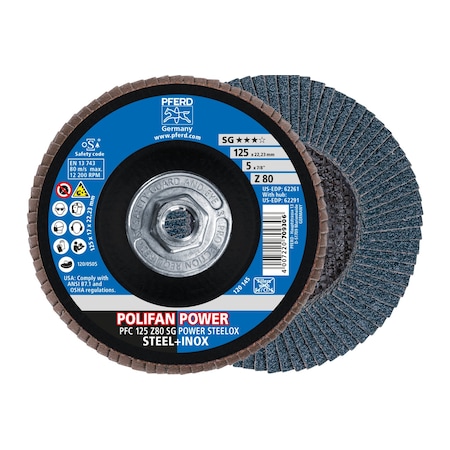 5 X 5/8-11 Thd. POLIFAN® Flap Disc - Z SG POWER STEELOX, Zirconia, 80 Grit, Conical